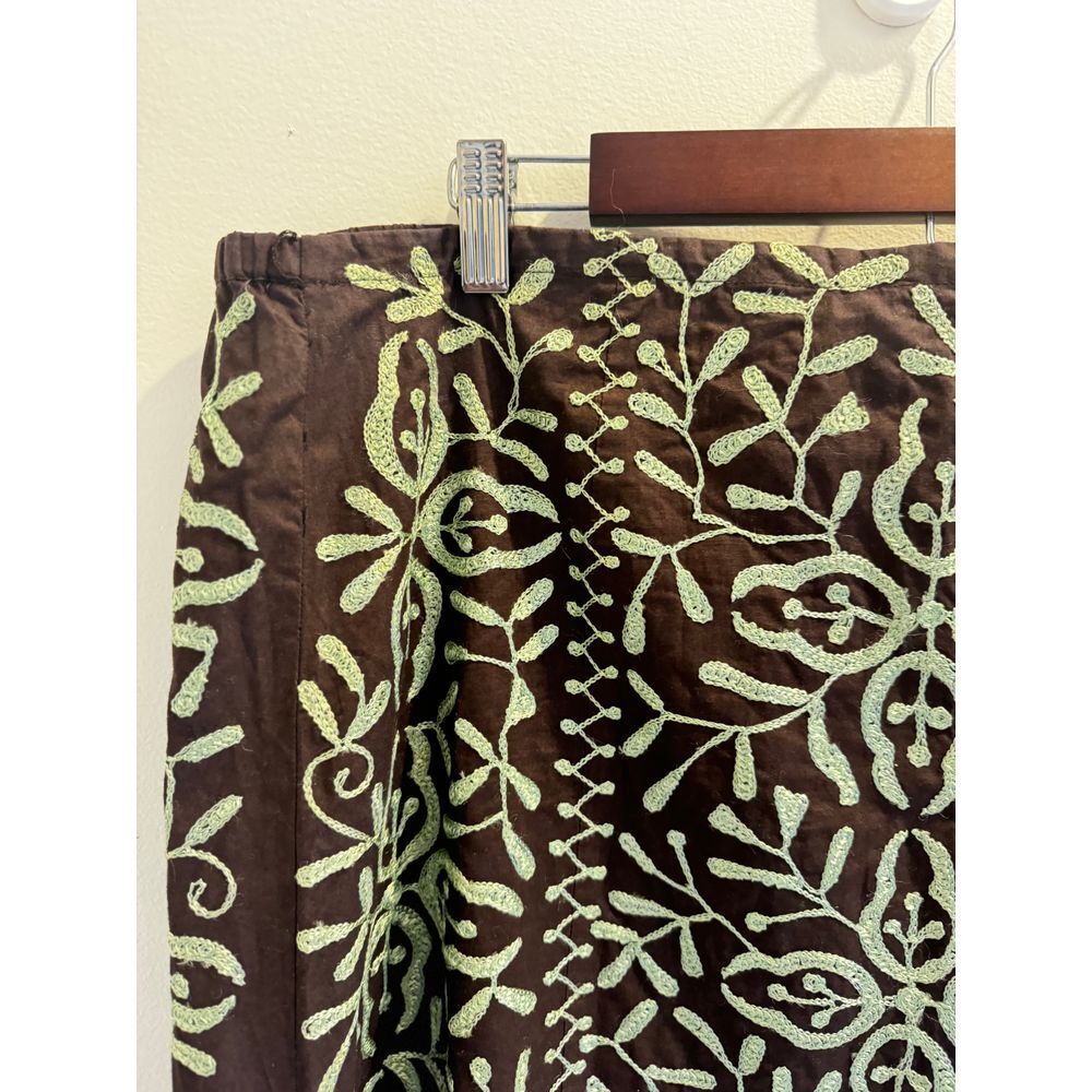 Vintage Maxi Skirt 14 Brown Green Embroidered Floral‎ Cotton Boho Chic 90s - Picture 4 of 6